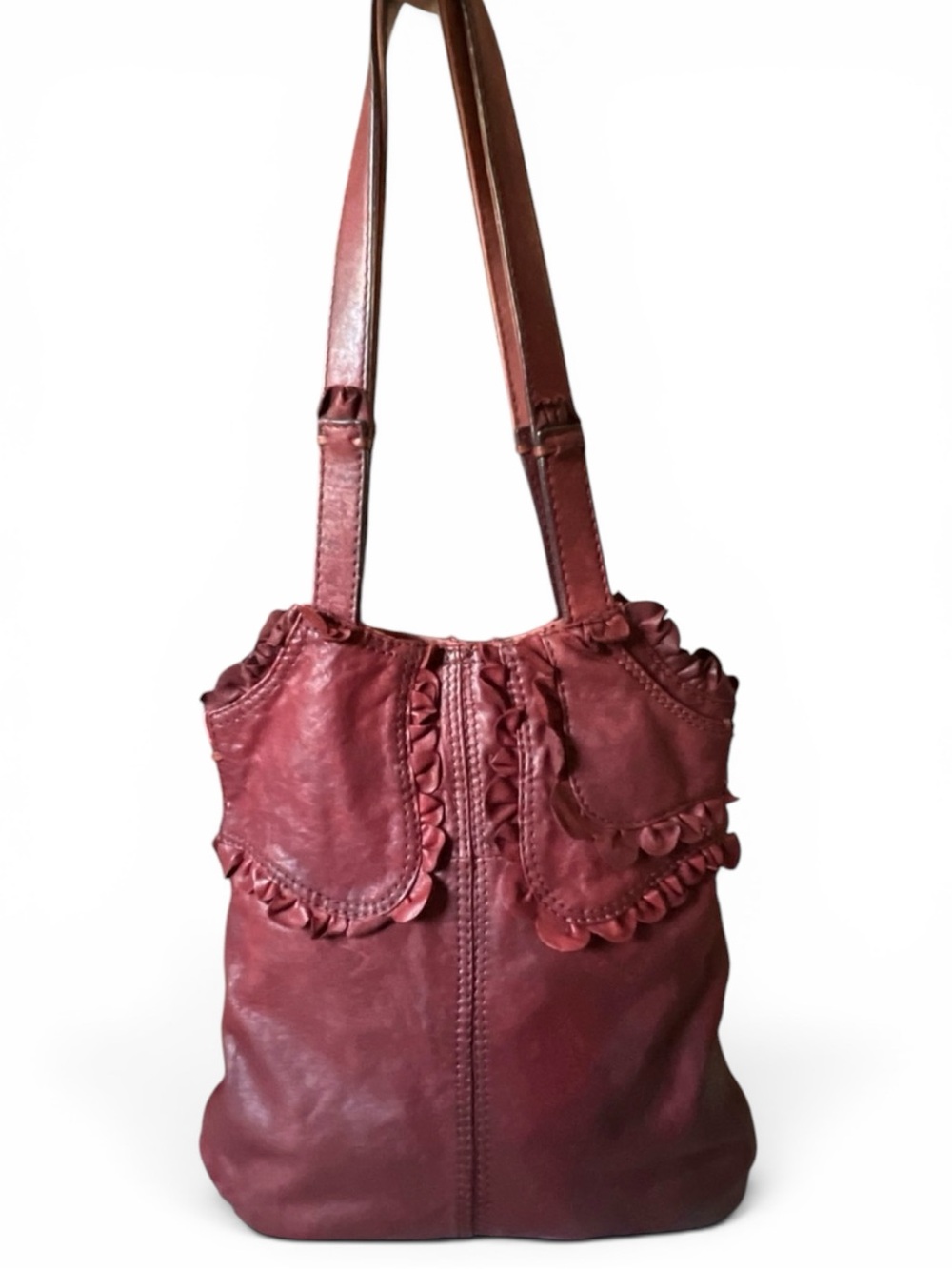 Lucky Brand Rocken Ruffles Italian Leather Hobo Shoulder Bag Burgundy Wine